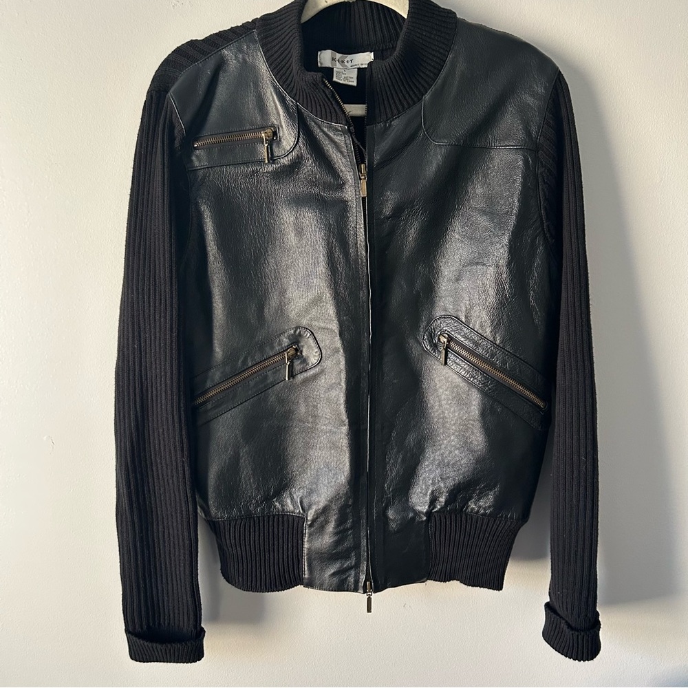Kikit genuine leather and cotton double zip moto jacket sweater L
